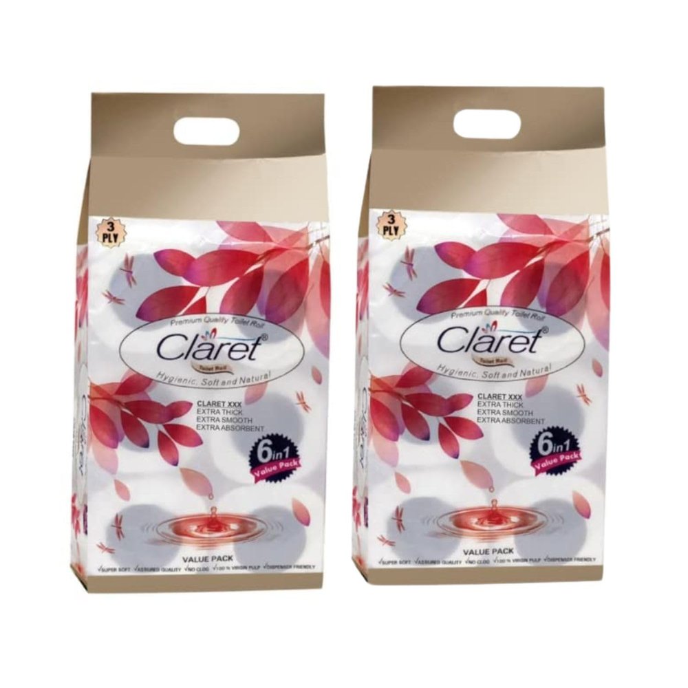 Claret 3-Ply Premium Qulity Toilet Roll | Each Roll 135 Pulls | Super Soft & Extra Absorbent | OBA Free (Pack Of 12)
