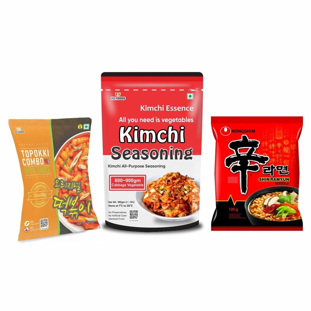 Korean Meal Combo Pack | Tteokbokki with Spicy Gochujang Sauce + Shin Ramyun + Kimchi Seasoning | Vegan & Halal | Ready-to-Cook Korean Street Food Kit | Instant Snack Box | Quick Asian Dinner | Authentic Korean Food Essentials | Travel-Friendly & Gif