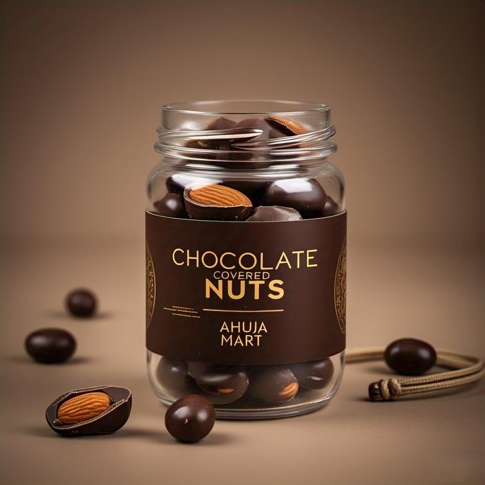Ahuja Mart Chocolate Covered Almonds 100g | Premium Dark Chocolate Dry Fruits Snack | Healthy High Protein Sweet Gift Jar | Chocolate Nuts Combo for Holi, Rakhi, New Year, Diwali, Birthday & Festive Gifting