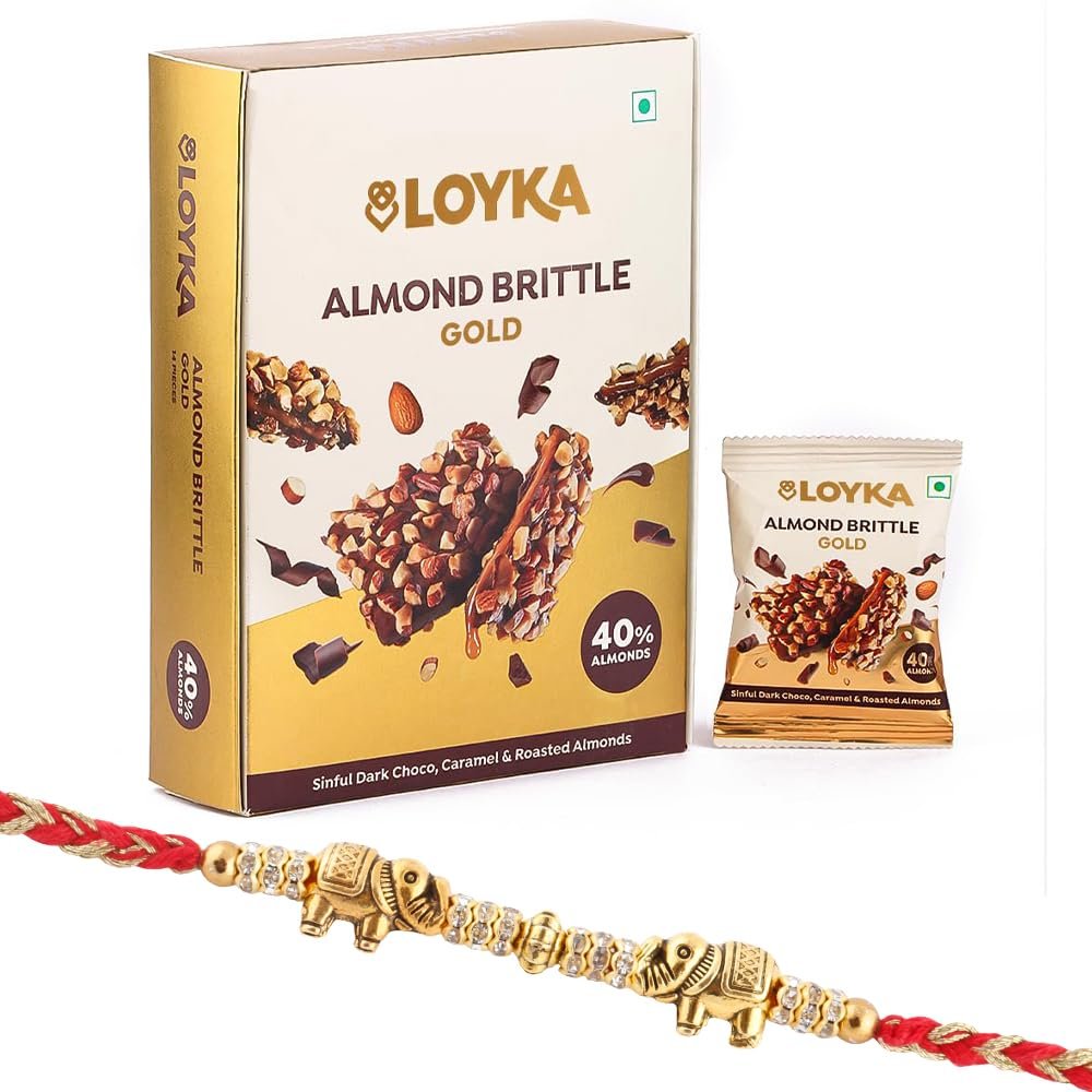 Loyka Rakhi Gift Pack | Almond Brittle Gold with Designer Rakhi & Roli Chawal | Raksha Bandhan Gift Hamper for Brother