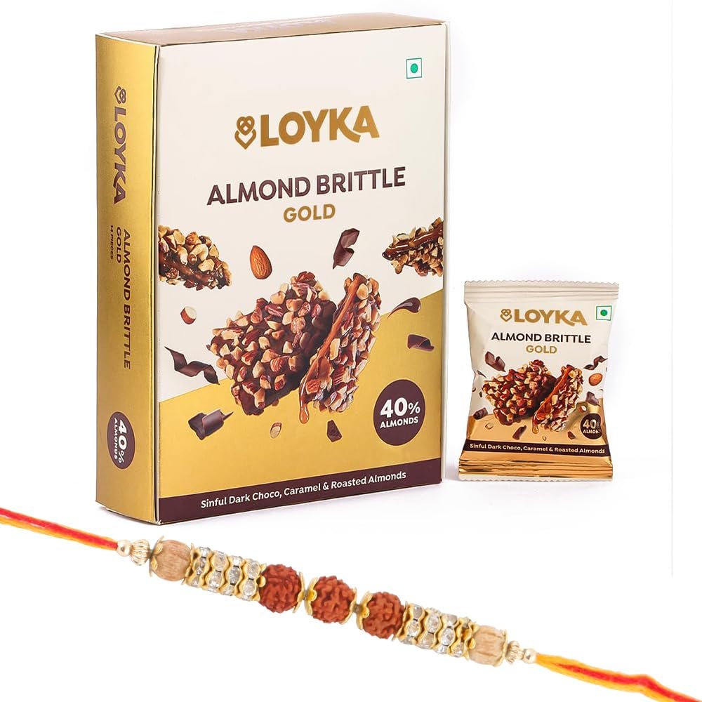 Loyka Rakhi Gift Set for Brother | Designer Rakhi with Gourmet Almond Brittle Chocolates | Raksha Bandhan Luxury Hamper