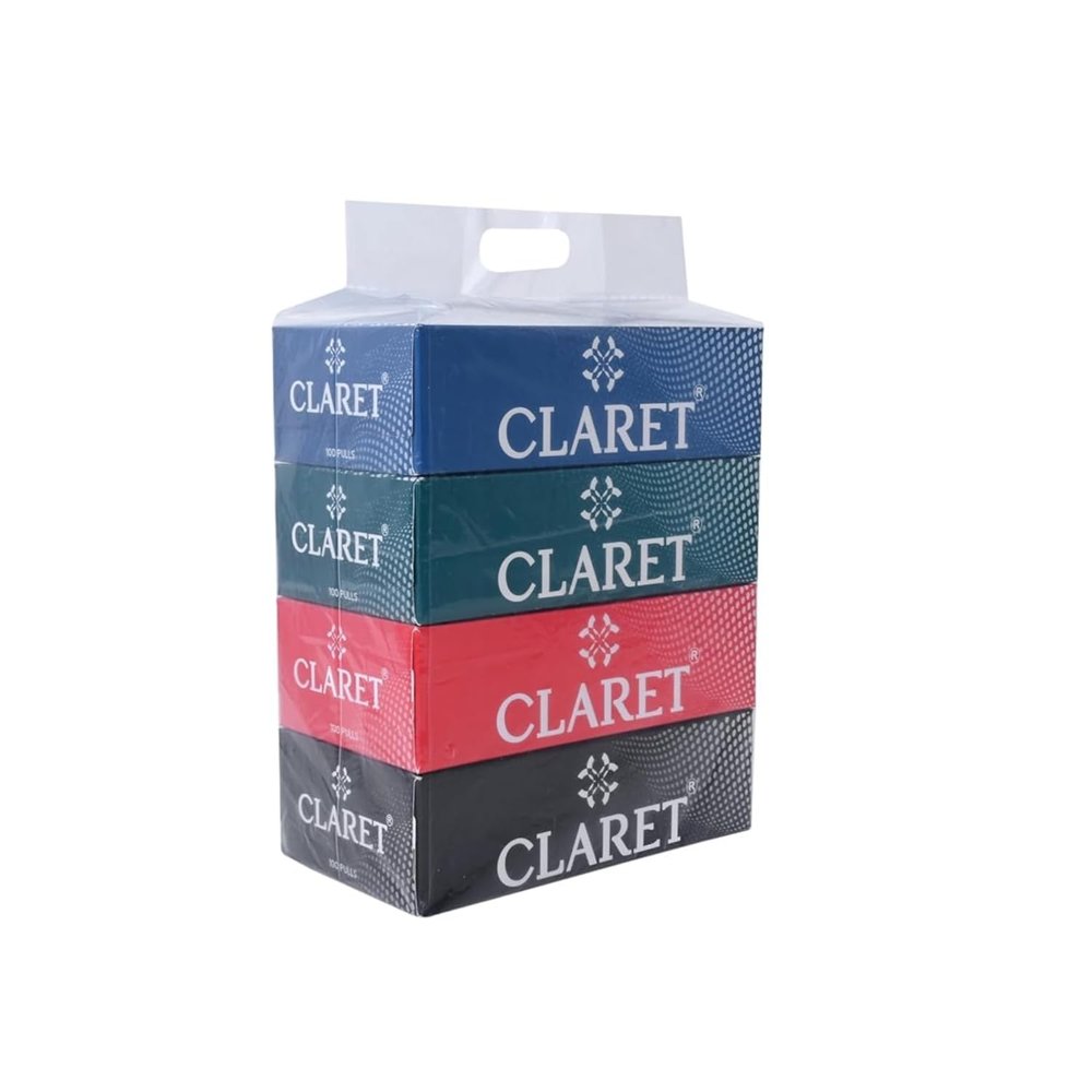 Claret 2-Ply Facial Tissue Box | 100 Pulls | 18 x 20 cm - Multipurpose Tissue for Weddings, Makeup Removal & Everyday Use (Pack of 4)