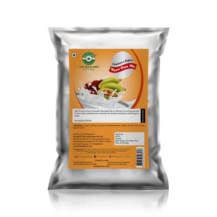 Tea Planet Cardamom & Saffron Lassi Premix Powder  1KG Bulk Pack | Rich Yogurt Drink Mix with Traditional Indian Flavors | Instant Summer Beverage with Kesar & Elaichi Notes | Just Blend & Serve | INS 102 Colored