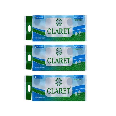 Claret 2-Ply Virgin Pulp Toilet Rolls (10 Rolls in 1 Pack | 180 Pulls Per Roll) - OBA-Free, Skin-Friendly, Tissue for Family Care, Bathroom Hygiene and Everyday Use (Pack Of 3)