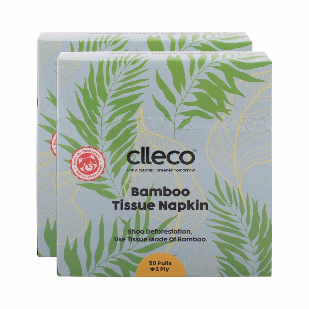 Clleco 2 Ply Bamboo Tissue Paper Box 30x30 cms, 50 Napkins per Pack, Ideal for Home, Car & Office, Eco-Friendly, Biodegradable & Compostable Tissue Papers (2, 100 Napkins - 50 Napkins per Pack)