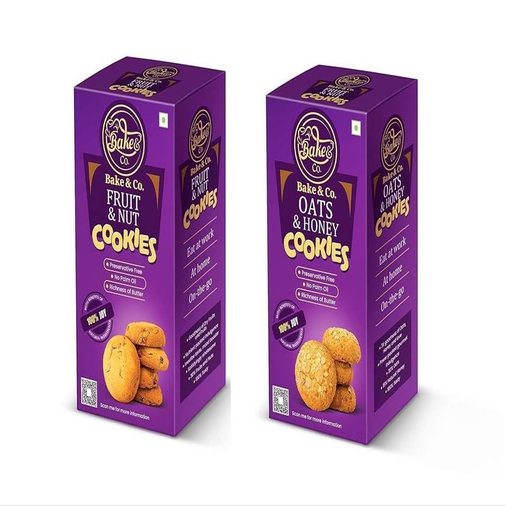Bake & Co Cookies Biscuits Combo Pack of 2 Fruit & Nut + Honey Cookie, Goodness with Multi-Seeds & Micronutrients, Healthy Cookies For Adults & Kids, Indulgence Wholesome Everyday Snack (Pack of 2)