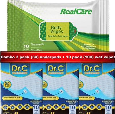 LADY HAWK Dr C Disposable Underpad (3 Pack x 10=30 Sheets) Large Size 60 X 90 cm + (10 Pack x 10=100 Wipes) Real Care Wet Wipes Large Size 32 X 32 cm for Adults, Elders, Baby, Home and Hospital Care