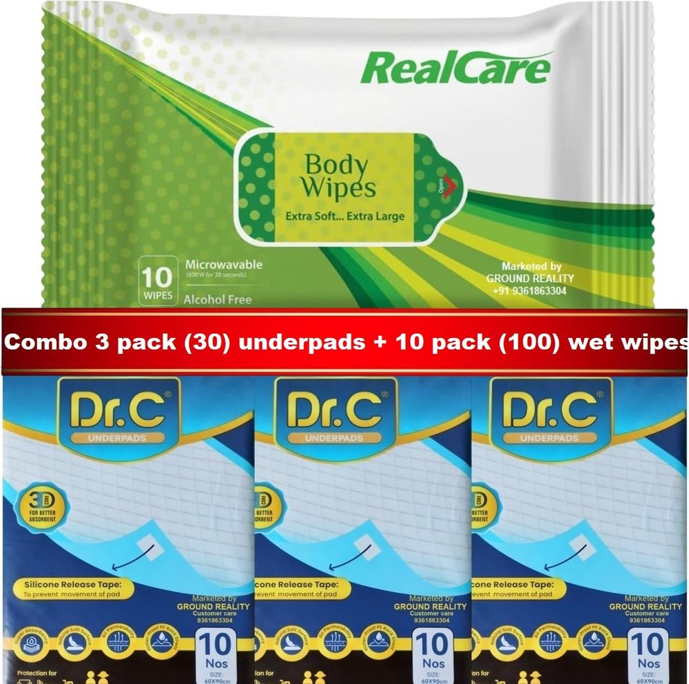 LADY HAWK Dr C Disposable Underpad (3 Pack x 10=30 Sheets) Large Size 60 X 90 cm + (10 Pack x 10=100 Wipes) Real Care Wet Wipes Large Size 32 X 32 cm for Adults, Elders, Baby, Home and Hospital Care