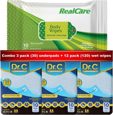 LADY HAWK (12 Pack x 10=120 Wipes) Real Care Wet Wipes Large Size 32 X 32 + Disposable Underpad Dr C (3 Pack x 10=30 Sheets) Large Size 60 X 90 cm for Adults Elders Patients Home and Hospital Care