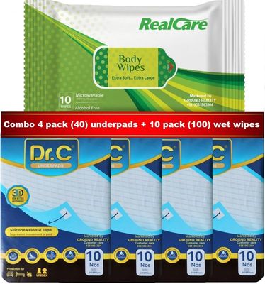 LADY HAWK (4 Pack x 10=40 Sheets) Dr C Disposable Underpad Large Size 60 X 90 cm + (10 Pack x 10=100 Wipes) Real Care Wet Wipes Large Size 32 X 32 cm for Baby Adults Elders Home and Hospital Care