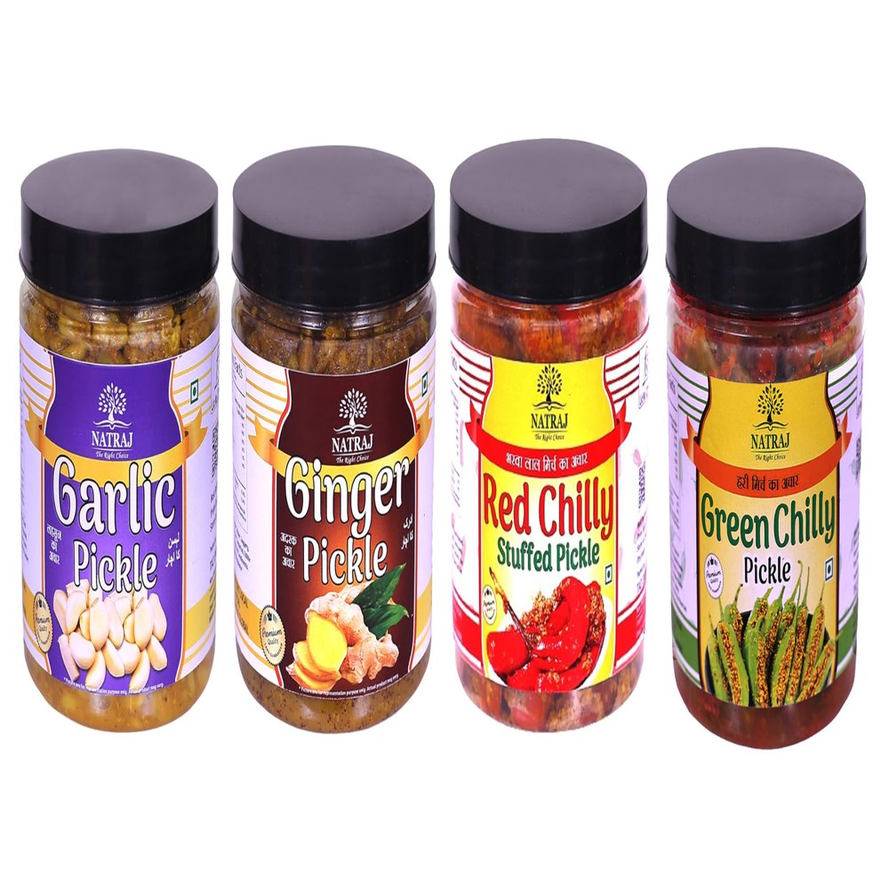 Brings a Pack of 4 Delicious Pickles: Red Chilly, Green Chilly, Ginger, Garlic Pickle | & | Masala Tea/Chai For Strong Superb Taste with Herbs Spices (Flavoured Tea) 350gm