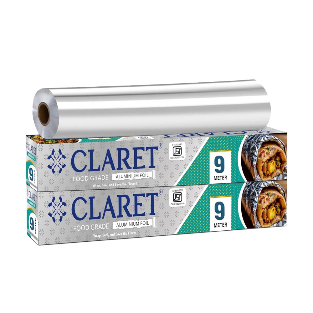 Claret Food Grade Aluminium Foil Roll | 9 Meter | Kitchen Foil for Wrapping Roti Snacks Lunch | Safe & Hygienic Foil for Everyday Use (Pack Of 2)