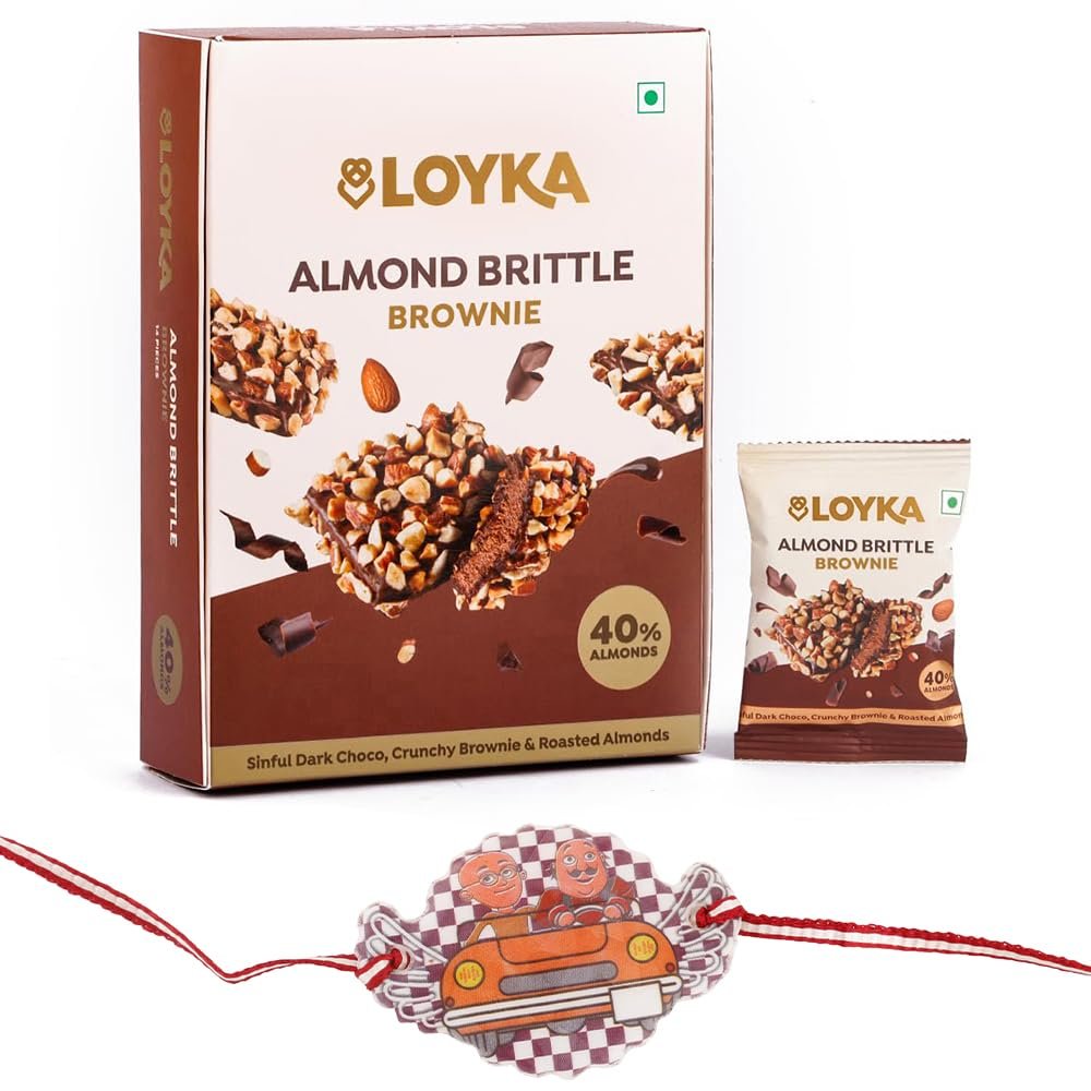 Loyka Almond Brittle Brownie with Motu Patlu Cartoon Kids Rakhi | Raksha Bandhan Gift Hamper for Brother