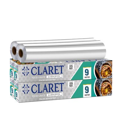 Claret Food Grade Aluminium Foil Roll | 9 Meter | Kitchen Foil for Wrapping Roti Snacks Lunch | Safe & Hygienic Foil for Everyday Use (Pack of 4)