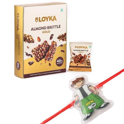 Loyka Almond Brittle Gold with Premium Ben 10 Rakhi | Raksha Bandhan Gift Hamper for Brother
