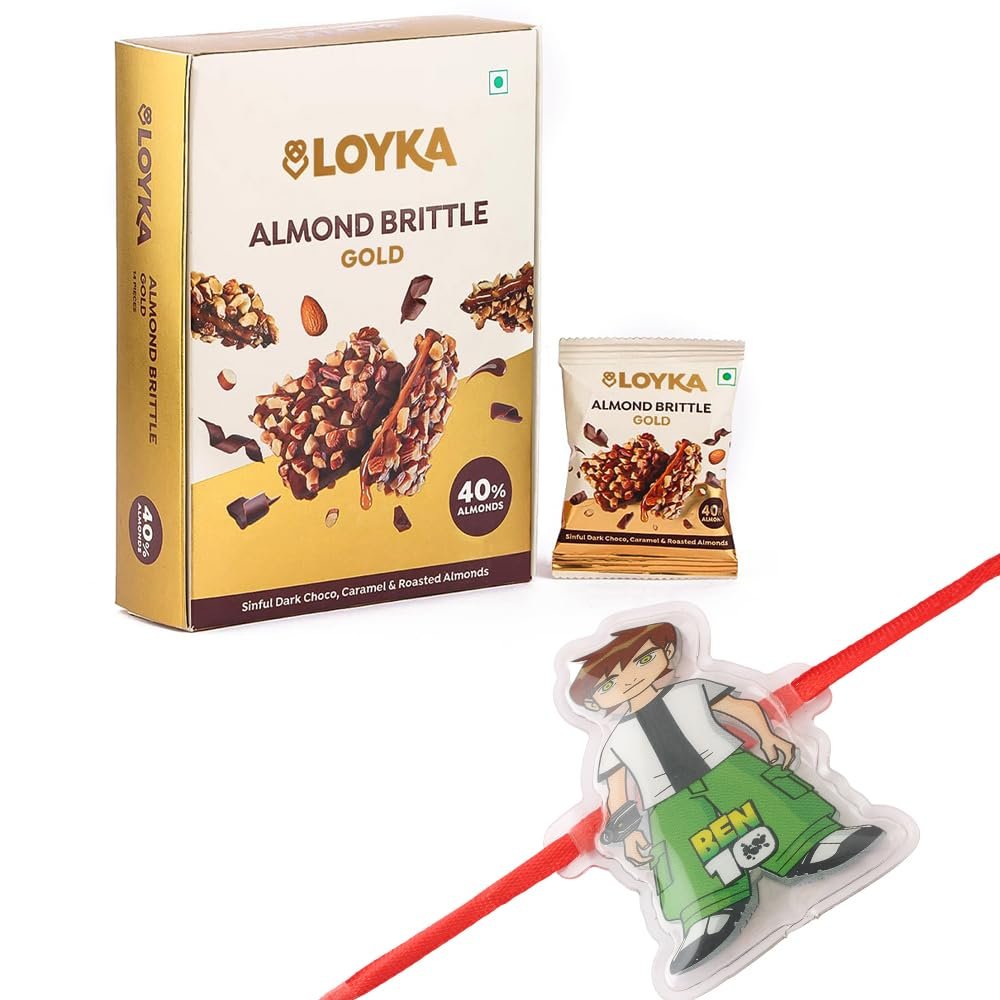 Loyka Almond Brittle Gold with Premium Ben 10 Rakhi | Raksha Bandhan Gift Hamper for Brother