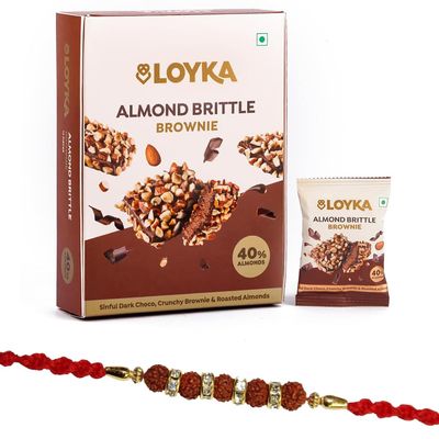 Loyka Almond Brittle Brownie with Designer 5 Rudraksha Rakhi | Raksha Bandhan Gift Hamper for Brother