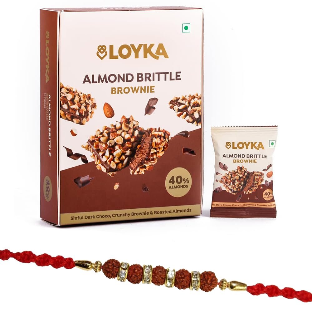 Loyka Almond Brittle Brownie with Designer 5 Rudraksha Rakhi | Raksha Bandhan Gift Hamper for Brother