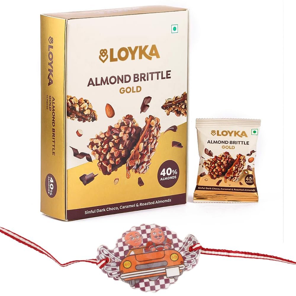 Loyka Almond Brittle Gold with Motu Patlu Cartoon Kids Rakhi | Raksha Bandhan Gift Hamper for Brother