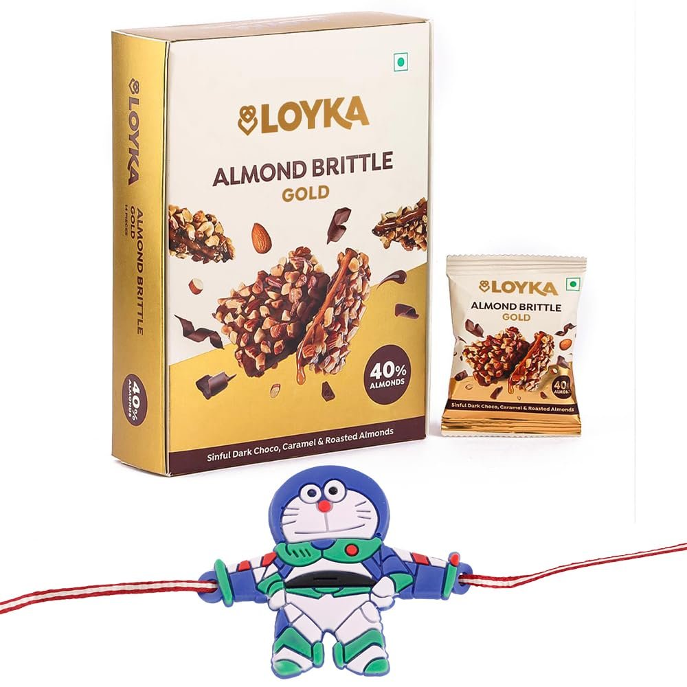 Loyka Almond Brittle Gold with Kids Favorite Doremon Rakhi | Raksha Bandhan Gift Hamper for Brother