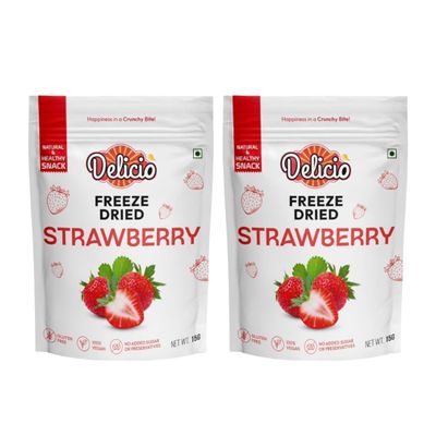 DELICIO Freeze Dried Strawberry  Pack of 2 (15g Each) | No Preservatives, No Added Sugar, Healthy Dried Fruit | 100% Natural, Vegan, Gluten Free Snack for Kids and Adults