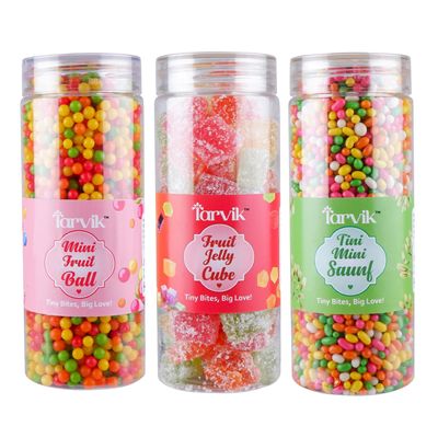 Tarvik Mini Fruit Ball, Jelly Cube, Tini Mini Saunf Candy Combo Pack | Assorted Fruity Candy Mix for Kids & Adults | Ideal for Gifting, Parties, Travel, Office & Daily Snacking (Mini Fruit Ball 250g, Jelly Cubes 220 g & Tini Mini Saunf 280 g)