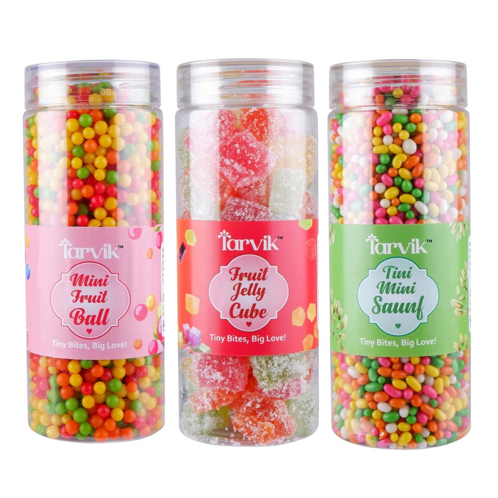 Tarvik Mini Fruit Ball, Jelly Cube, Tini Mini Saunf Candy Combo Pack | Assorted Fruity Candy Mix for Kids & Adults | Ideal for Gifting, Parties, Travel, Office & Daily Snacking (Mini Fruit Ball 250g, Jelly Cubes 220 g & Tini Mini Saunf 280 g)