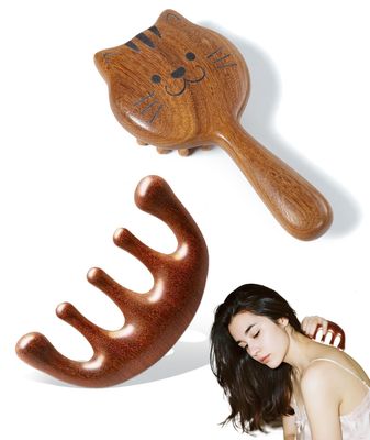 2pcs wooden comb for women hair growthhead massager for scalpWooden Scalp Massager Set - Sandalwood Cat Comb & 5-Finger Massager | For Hair Growth & Relaxation | Handmade Wooden Comb