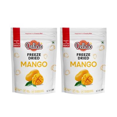 DELICIO Freeze Dried Mango  Pack of 2 (20g Each) | No Preservatives, No Added Sugar, Healthy Dried Fruit | 100% Natural, Vegan, Gluten Free Snack for Kids and Adults