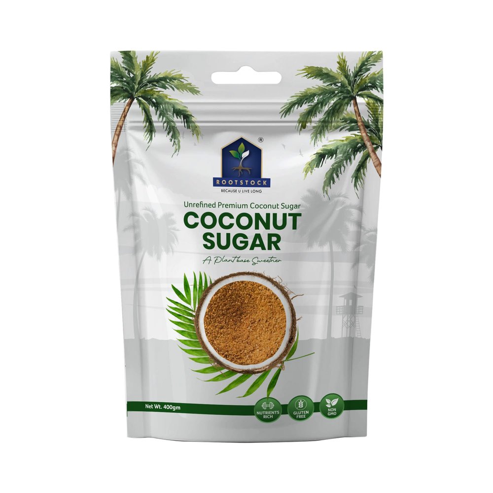 Rootstock 100% Pure Coconut Sugar 400gm, Unprocessed Coconut Sugar for Daily Use Diabetic Friendly Natural Sweetener Low Glycemic Index Helps to Improve Digestion