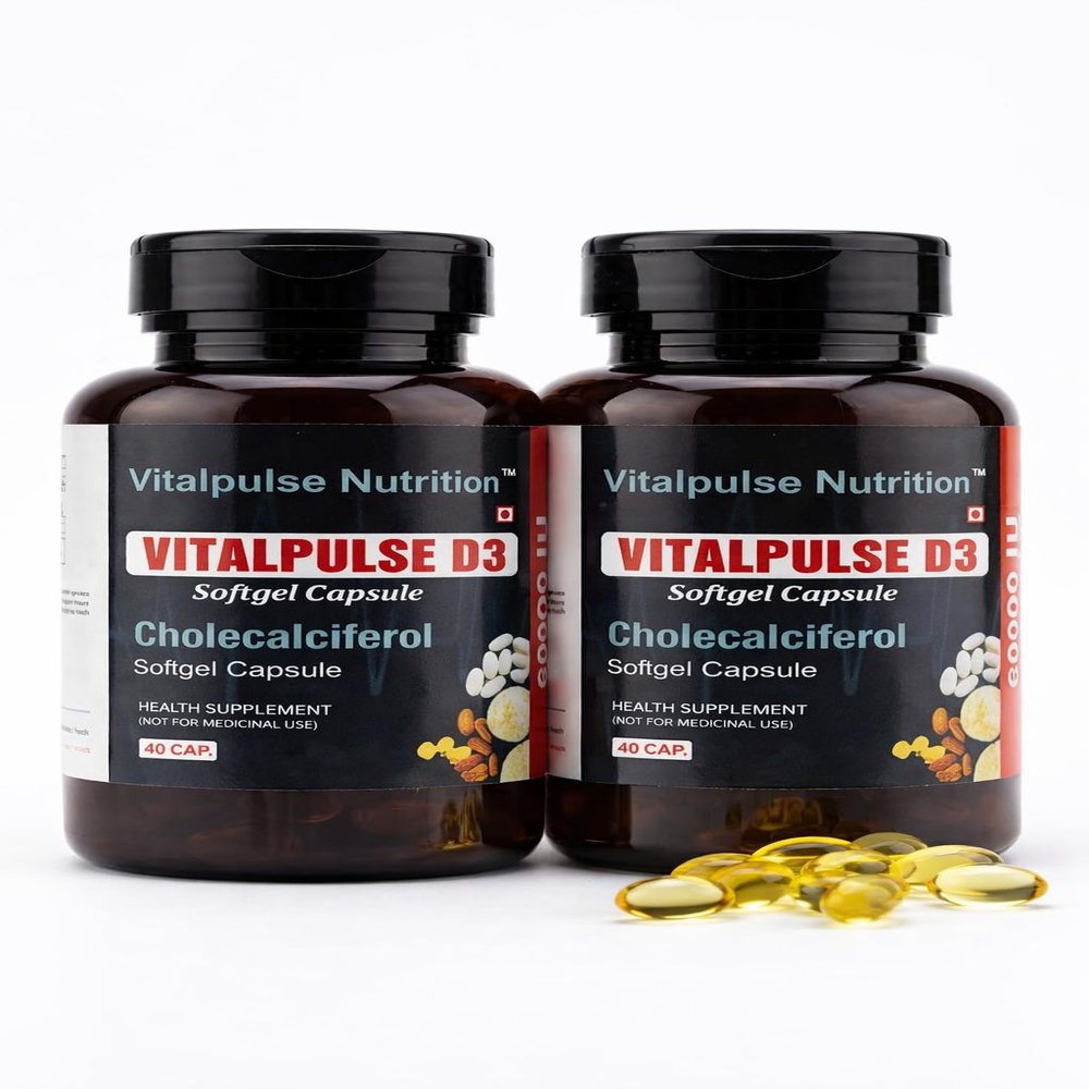 A pack of two Vitalpulse Nutrition Vitamin D3 60000 IU Cholecalciferol Softgel Capsules | Gluten & Soy Free, High Bio availability | 80 Softgel (Pack of 2) | Bone & Immune Health