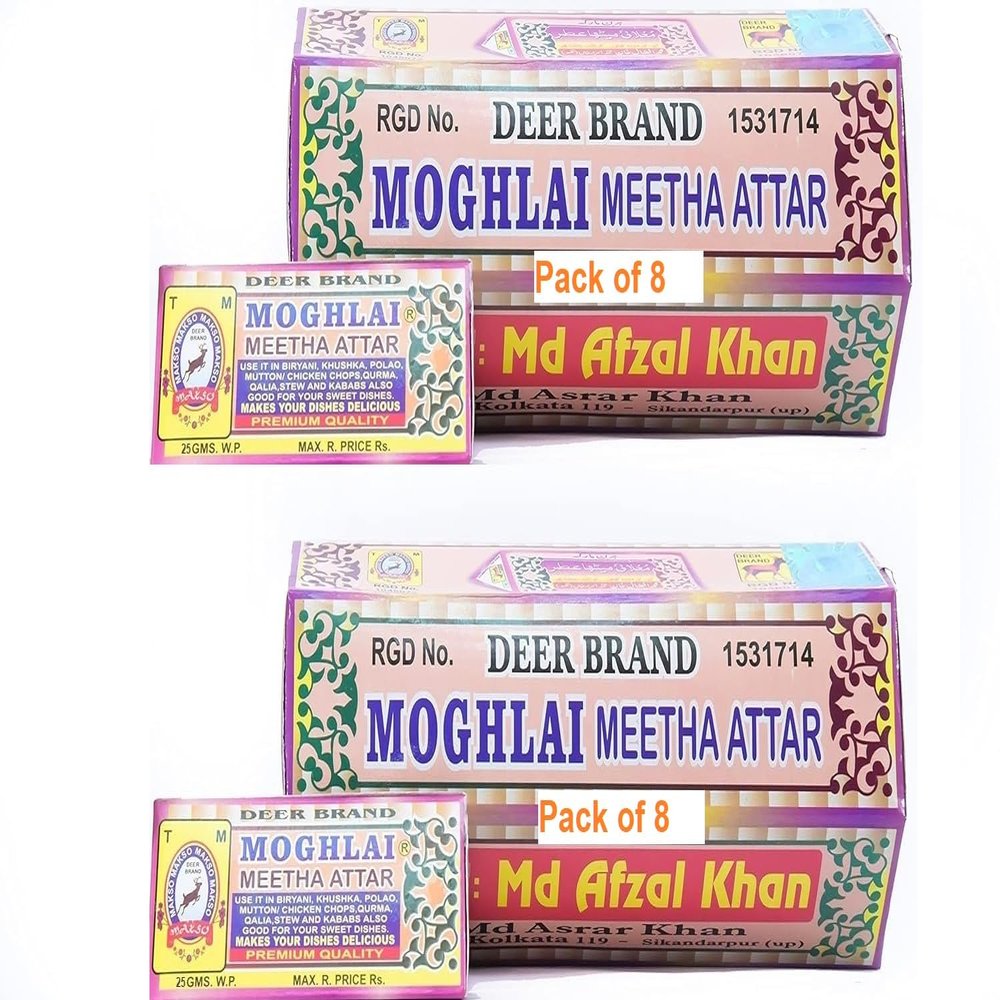 DEER BRAND Royal Mughlai Meetha (Mitha) Attar Sweet Essence(MFG by MD. Afzal & Asrar Khan Kolkata)For Biryani Biriyani, Cooking Rice Dishes, Pulao, Mutton-Chicken, Chops, Korma, Khsuka, Stew, & in Kabab (25g Pack Of 16, Mughlai Meetha Attar Biryani E