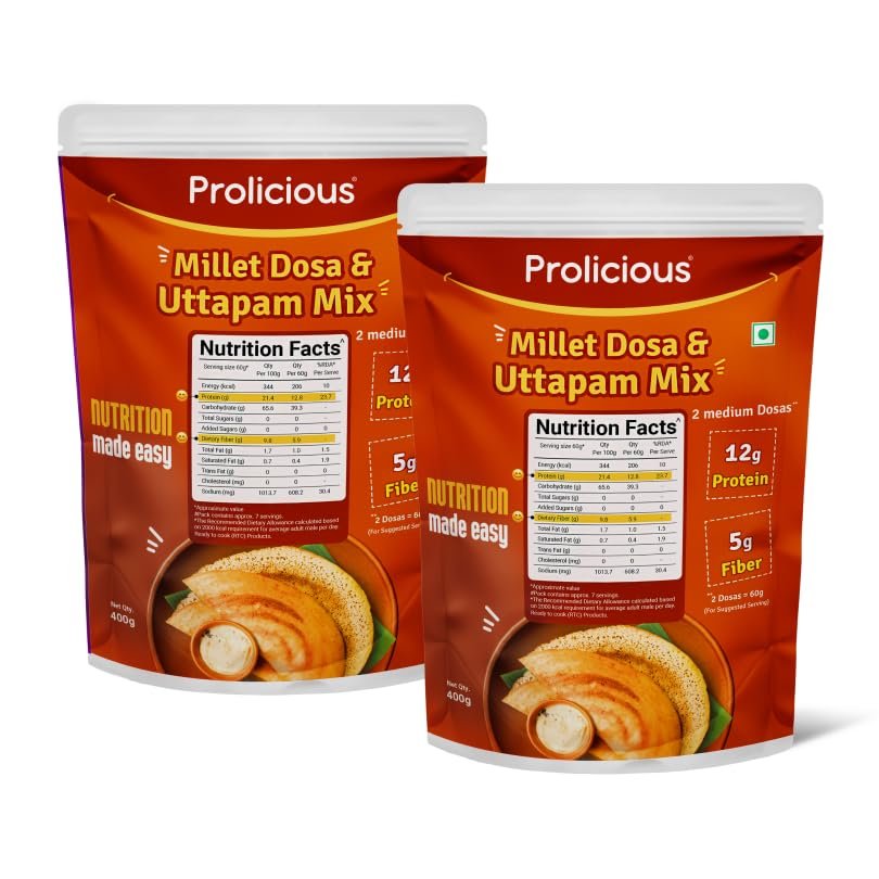 Prolicious 2X Protein Millet Dosa & Uttapam Mix| High Protein & High Fiber Breakfast | Plant based Protein | Just add water | 800 grams (400grams each, Pack of 2)