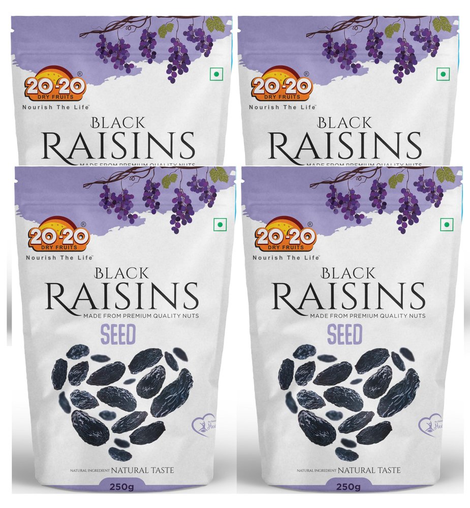 20-20 Dry Fruits Premium Afghani Black Raisins with seed 1000g (250 * 4)| Kali Kishmish | Kala Manuka Dry Fruit | Kali Draksh| Pack of 4