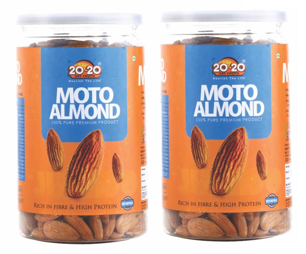 20-20 Dry Fruits California Moto almond 1000g | Jumbo Size Badam (Extra Large Almonds) Nutrient-Dense, High in Protein & Healthy Fats | Ideal for Energy Snacks & Smoothies Pack Of 2x500g