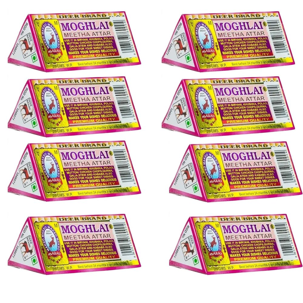 DEER BRAND Royal Mughlai Meetha (Mitha) Attar Sweet Essence(MFG by MD. Afzal & Asrar Khan Kolkata)For Biryani Biriyani, Cooking Rice Dishes, Pulao, Mutton-Chicken, Chops, Korma, Khsuka, Stew, & in Kabab (25g Pack Of 8, Mughlai Meetha Attar Biryani Es