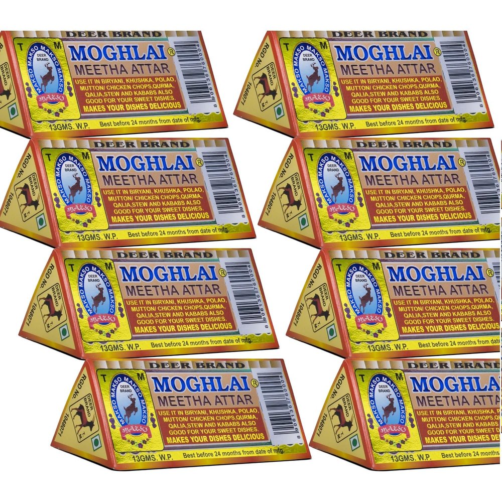 DEER BRAND Royal Mughlai Meetha (Mitha) Attar Sweet Essence(MFG by MD. Afzal & Asrar Khan Kolkata)For Biryani Biriyani, Cooking Rice Dishes, Pulao, Mutton-Chicken, Chops, Korma, Khsuka, Stew, & in Kabab (13g Pack Of 8, Mughlai Meetha Attar Biryani Es