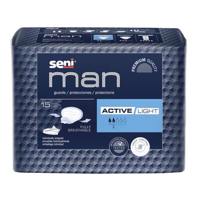 Seni Man Bladder Control Guards Active Light Pads - 15 Pieces | High Absorbency, Breathable, Leak-Proof Incontinence Protection & Comfort