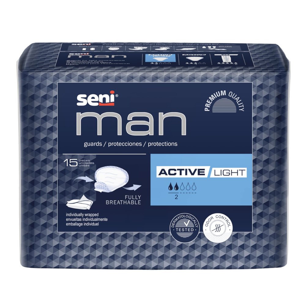 Seni Man Bladder Control Guards Active Light Pads - 15 Pieces | High Absorbency, Breathable, Leak-Proof Incontinence Protection & Comfort