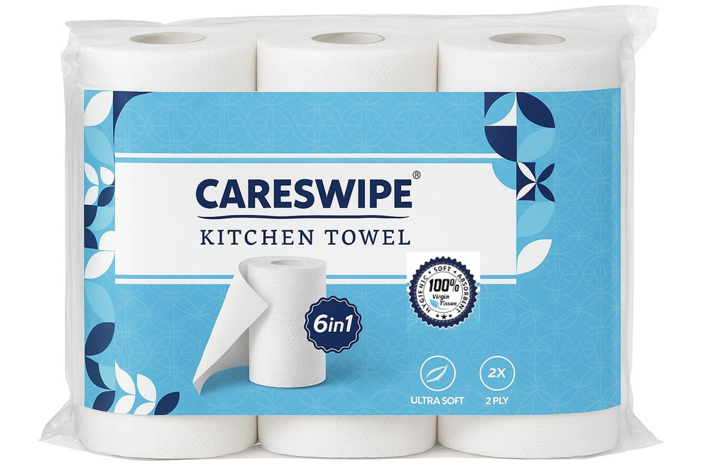Careswipe 2 Ply Kitchen Tissue Rolls | 360 Pulls | 60 Kitchen Towels X 6 Rolls | Soft And Highly Absorbent | 100% Natural Virgin Cellulose Fiber
