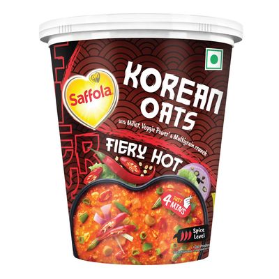 Saffola Korean Cuppa Oats, Fiery Hot, with chilli dressing sachet, No added preservatives, Ready in 4 mins, 56g