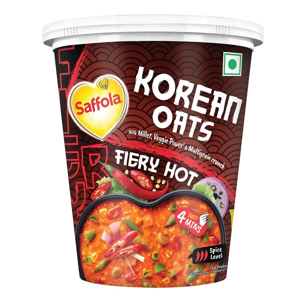 Saffola Korean Cuppa Oats, Fiery Hot, with chilli dressing sachet, No added preservatives, Ready in 4 mins, 56g