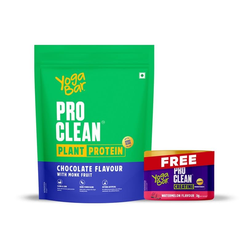 Yogabar ProClean Plant Protein (with FREE Creatine 114G) - 25G Protein Per Serve - Chocolate Flavour With Monk Fruit Sweetener - Cleanest & Lightest Protein With Herbs (500G Pouch,13 Servings)