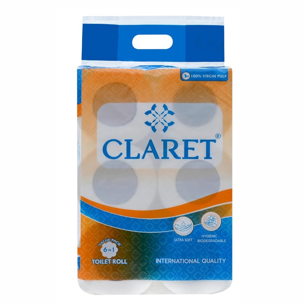 Claret Virgin Pulp Toilet Rolls 2-Ply (10 x 10 cm) 200 Pulls per Roll | Pack of 6 | OBA-Free, Skin-Friendly & Ultra Comfort Quilted Bathroom Tissue for Family Care