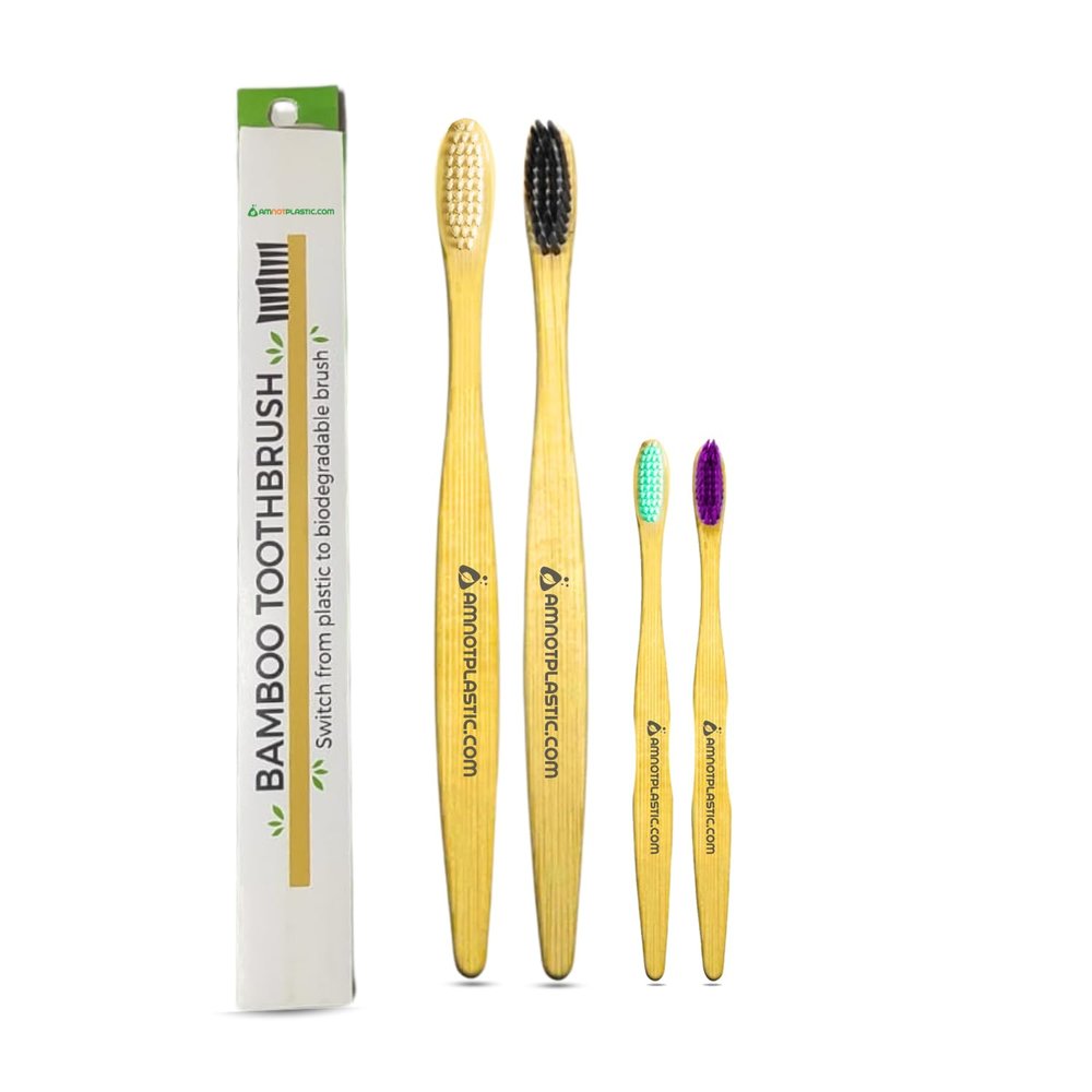 AMNOTPLASTIC.COM | Bamboo Toothbrush | Eco-Friendly Wooden Handle | Biodegradable,Natural Compostable Oral Care for Adults & kids | BAMBOO | Sustainable & Stylish Toothbrush Family Pack (Pack of 4)