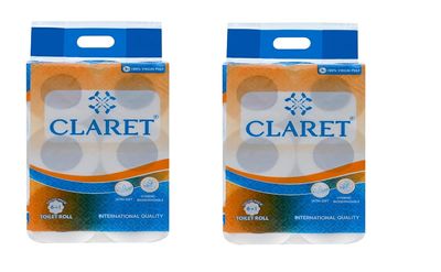 Claret Virgin Pulp Toilet Rolls 2-Ply (10 x 10 cm) 200 Pulls per Roll | Pack of 12 | OBA-Free, Skin-Friendly & Ultra Comfort Quilted Bathroom Tissue for Family Care