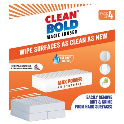 CleanBold Max Power Magic Eraser, Melamine Sponge, 4X Stronger, Pack of 4 Chemical Free Multipurpose Non-Scratch Scrub Sponge for Office Home Bathroom Kitchen Tiles (110 x 70 x 20 mm, 4 Count)