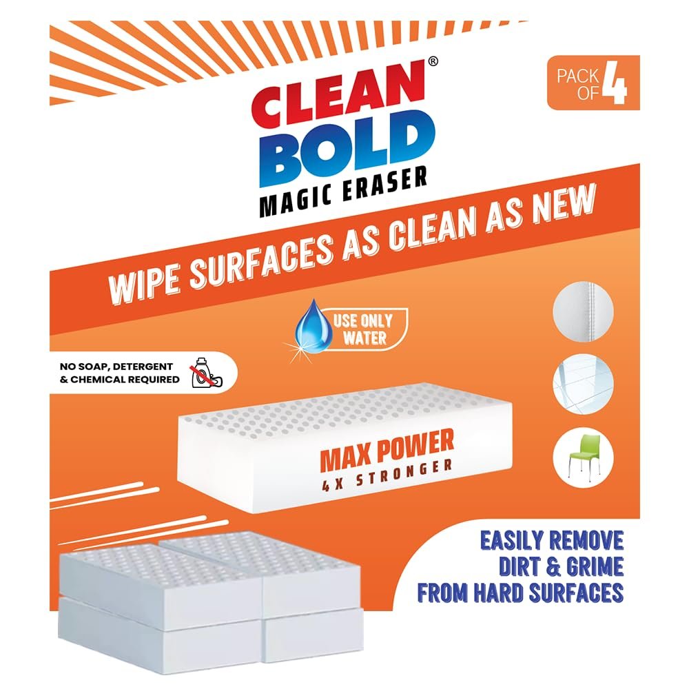 CleanBold Max Power Magic Eraser, Melamine Sponge, 4X Stronger, Pack of 4 Chemical Free Multipurpose Non-Scratch Scrub Sponge for Office Home Bathroom Kitchen Tiles (110 x 70 x 20 mm, 4 Count)