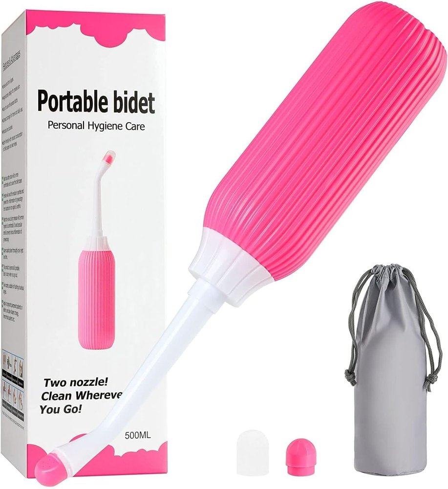 COOFANDY 500ML Bidet Portable, Bidet Spray for Travel with Angled 2 Nozzle, Retractable Handheld Spray Portable of Anti-Slip, Perineal Clean Childbirth Cleaner Outdoor with Travel Bag (Pink)