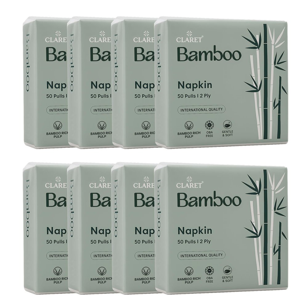 Claret Bamboo Napkin | 2-Ply | 50 Pulls | Bamboo Rich Pulp | OBA Free | Gentle & Soft (Pack Of 8)